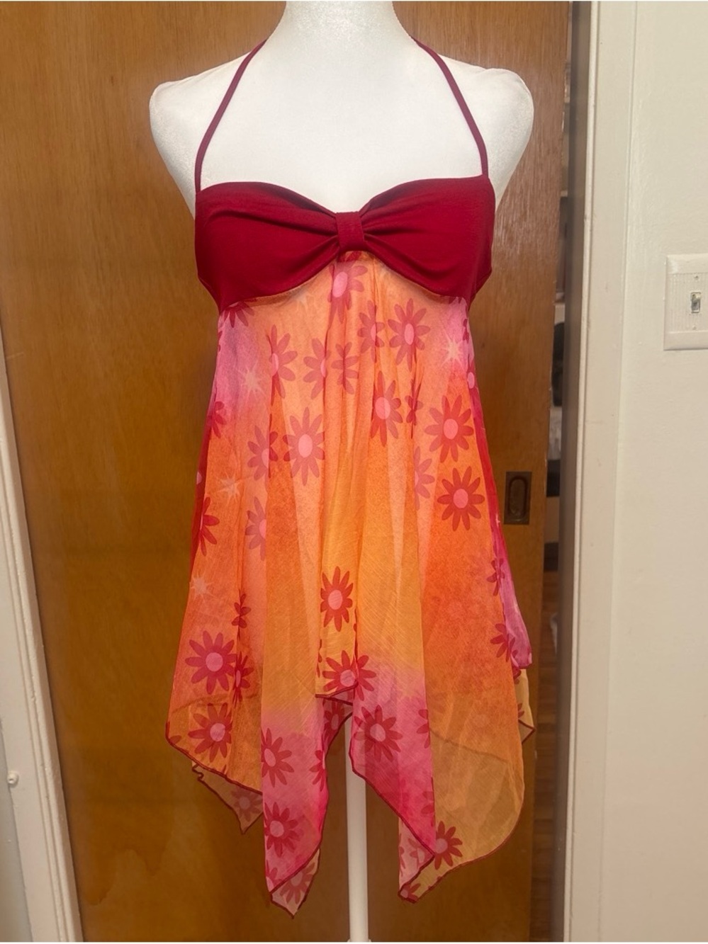 Fate Red Bandeau Floral Handkerchief-Hem Top